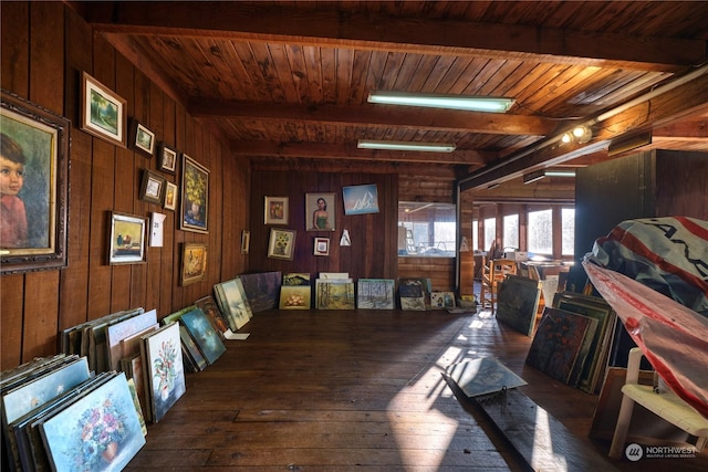 dining room with wood ceiling, wooden walls, dark wood-type flooring, and beam ceiling