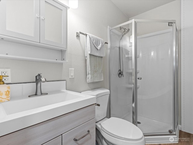bathroom with vanity, a shower with door, and toilet