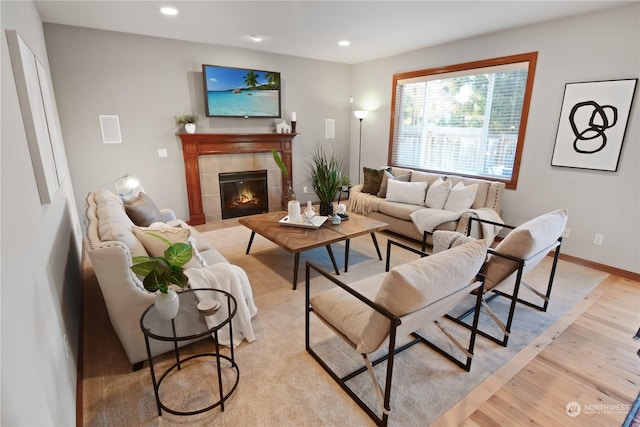 living room featuring a fireplace and light wood-type flooring