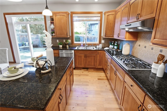 kitchen featuring stainless steel appliances, plenty of natural light, sink, and pendant lighting