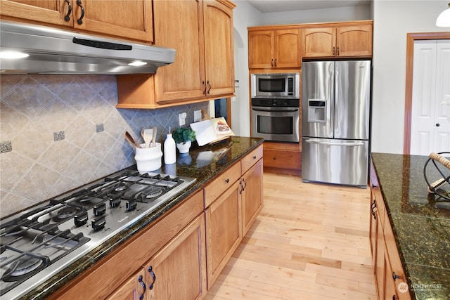 kitchen featuring tasteful backsplash, light hardwood / wood-style flooring, dark stone countertops, and appliances with stainless steel finishes