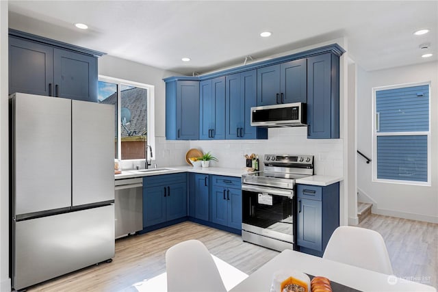 kitchen with blue cabinetry, sink, light wood-type flooring, appliances with stainless steel finishes, and backsplash