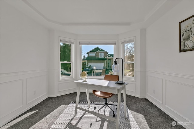 carpeted office with a raised ceiling