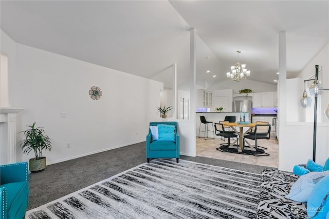 carpeted living room with vaulted ceiling and a chandelier