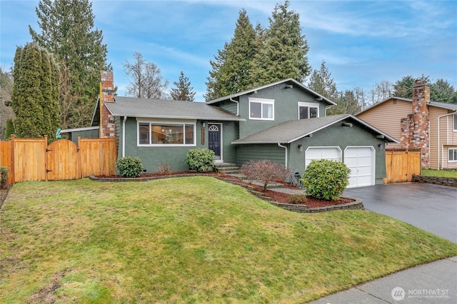 tri-level home featuring a garage and a front yard