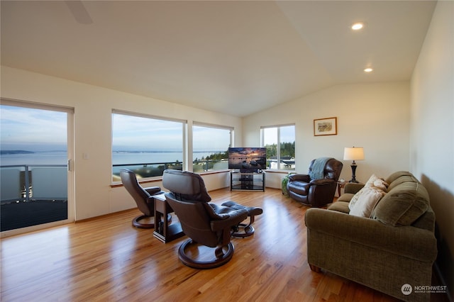 living room with lofted ceiling and light hardwood / wood-style flooring