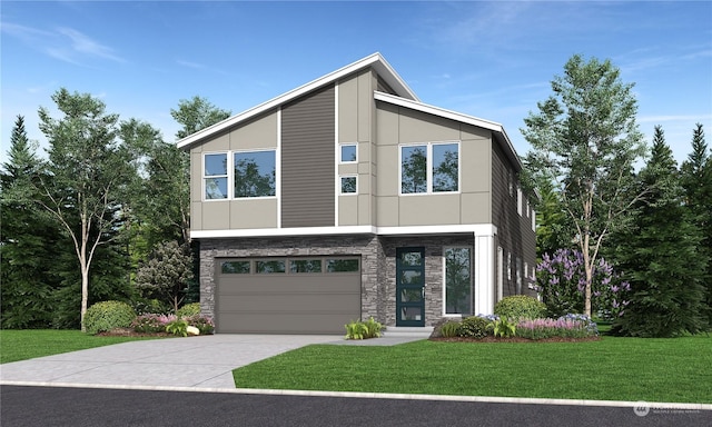 contemporary house featuring a garage and a front yard