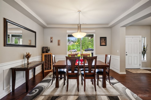 dining area with dark hardwood / wood-style floors and a tray ceiling