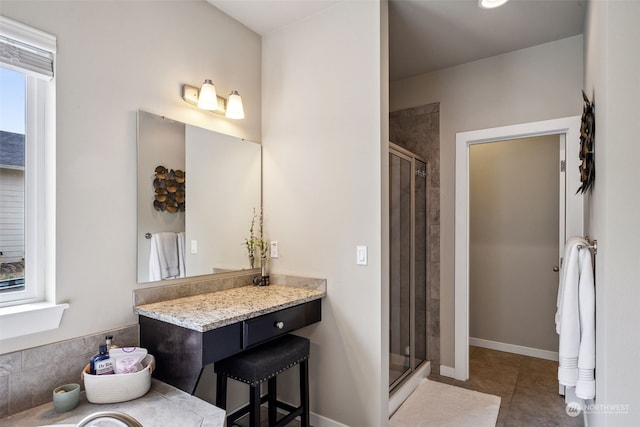 bathroom with tile patterned floors and a shower with shower door