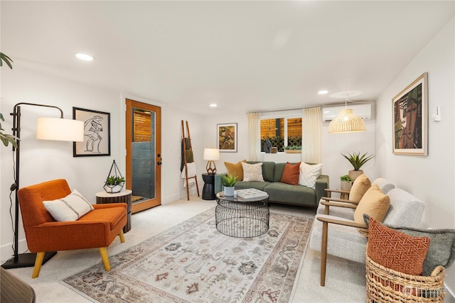 carpeted living room with a wall mounted air conditioner