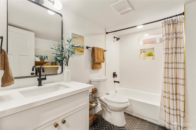 full bathroom with vanity, shower / bath combination with curtain, and toilet