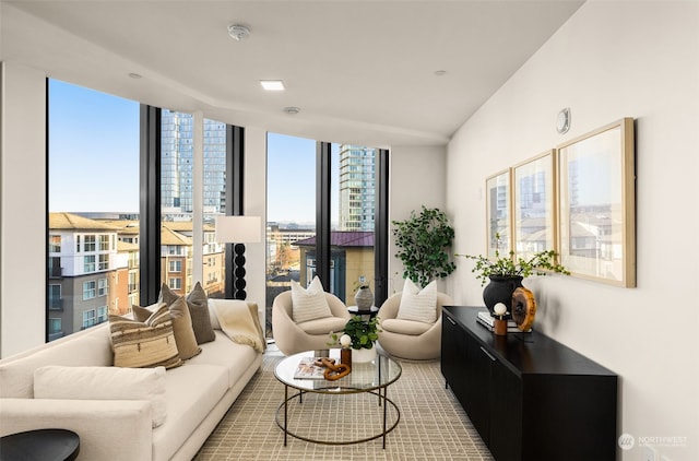 living room with a wall of windows