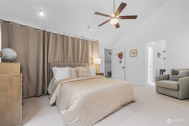 carpeted bedroom featuring ceiling fan and high vaulted ceiling