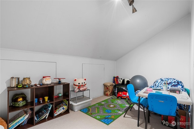 game room featuring lofted ceiling and carpet floors