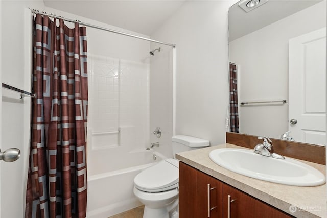 full bathroom with shower / bathtub combination with curtain, vanity, and toilet