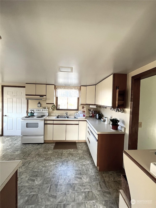 kitchen featuring sink, white electric range, and dishwasher