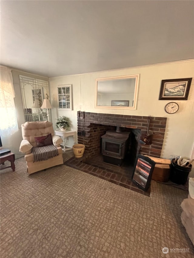 carpeted living room featuring a wood stove