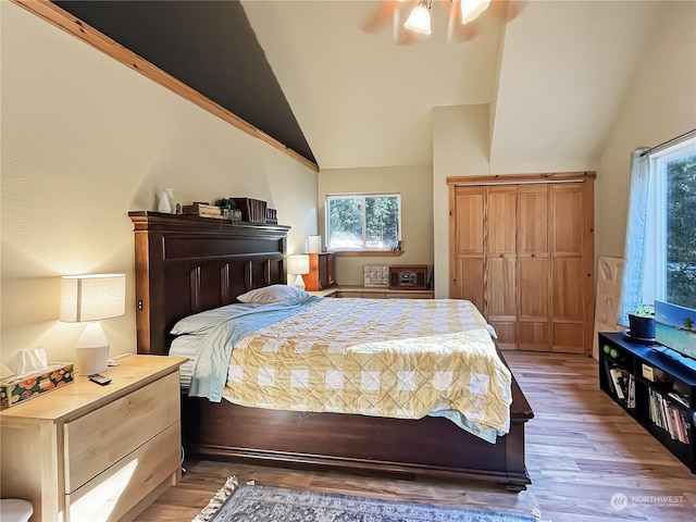 bedroom with hardwood / wood-style flooring, vaulted ceiling, a closet, and ceiling fan