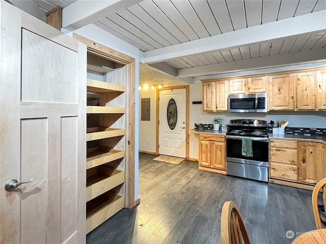 kitchen with dark hardwood / wood-style flooring, beam ceiling, stainless steel appliances, electric panel, and light brown cabinetry