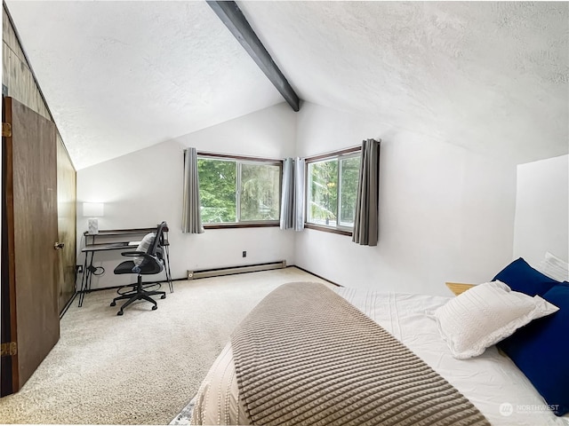 bedroom with a baseboard heating unit, lofted ceiling with beams, light carpet, and a textured ceiling