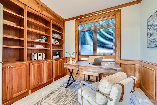 office area with ornamental molding