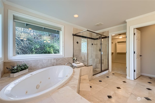 bathroom featuring crown molding and plus walk in shower