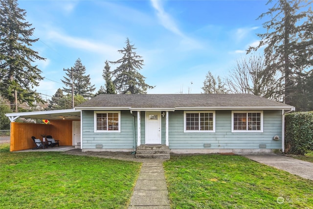 single story home with a carport and a front lawn