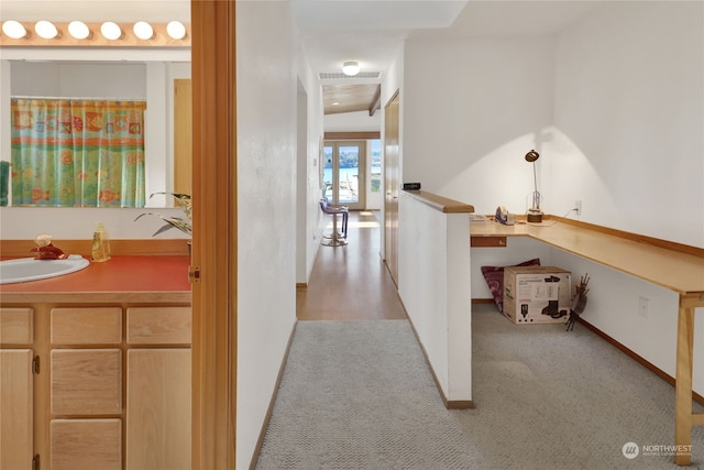 hallway with sink and light colored carpet