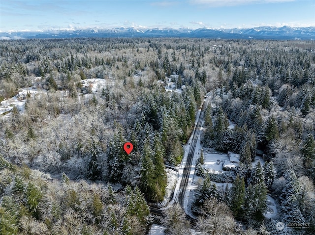 bird's eye view with a mountain view and a wooded view