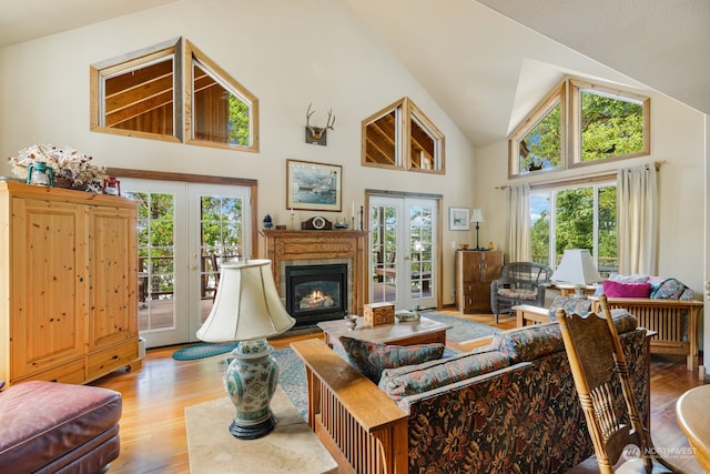 living room with high vaulted ceiling, french doors, and light wood-type flooring