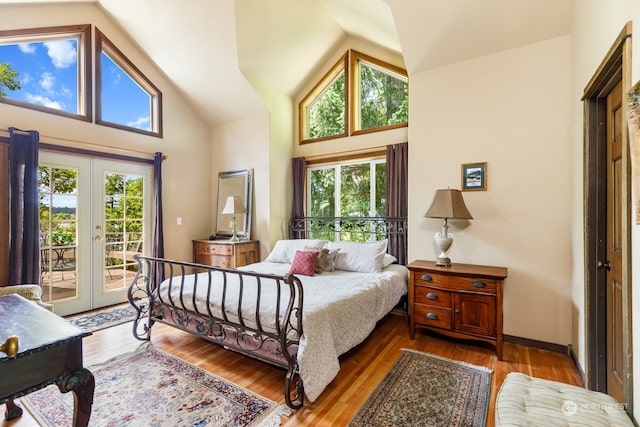 bedroom featuring multiple windows, wood-type flooring, access to exterior, and french doors