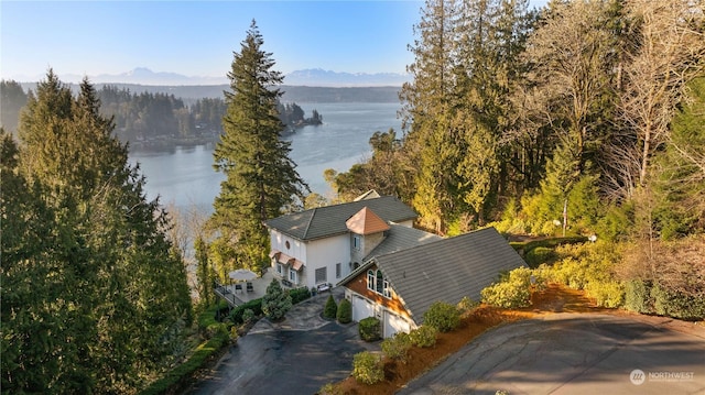 drone / aerial view featuring a water view