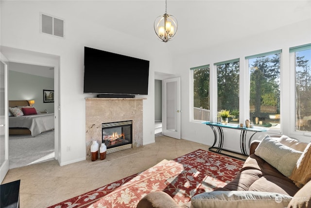 tiled living room with a fireplace