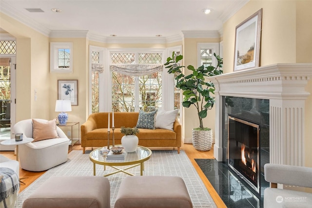 interior space with ornamental molding, wood-type flooring, and a premium fireplace