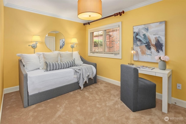 bedroom with ornamental molding and light colored carpet