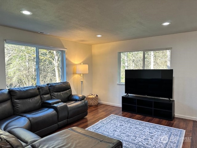 living room featuring dark wood-type flooring, a textured ceiling, and a wealth of natural light