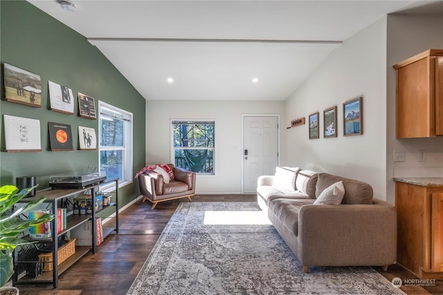 living room with lofted ceiling and dark wood-type flooring