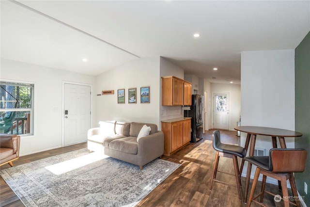 living room featuring lofted ceiling and dark hardwood / wood-style floors