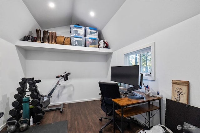 office space featuring dark hardwood / wood-style flooring and vaulted ceiling