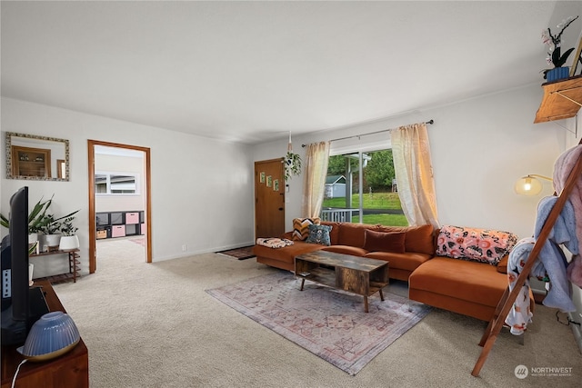 living room featuring light colored carpet