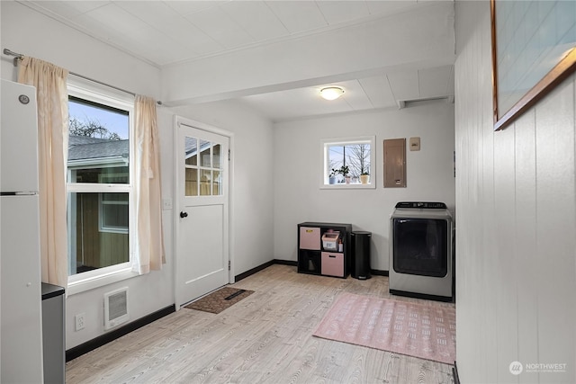 laundry room featuring washer / dryer, light hardwood / wood-style flooring, electric panel, and a healthy amount of sunlight