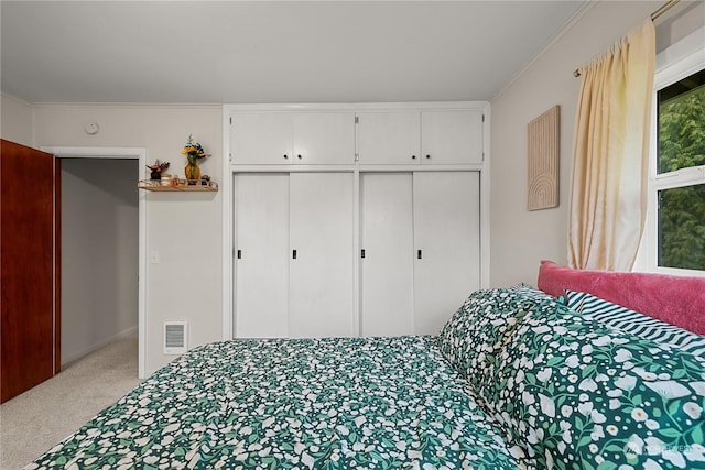 bedroom with carpet flooring and a closet