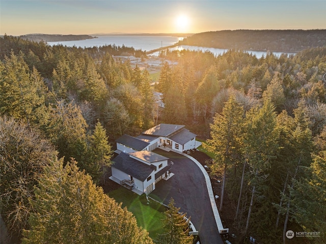 aerial view at dusk featuring a water view