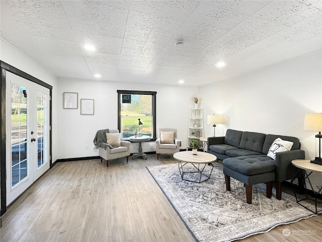 living room with french doors and hardwood / wood-style floors