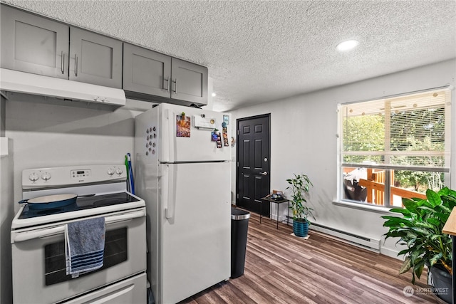 kitchen with white appliances, gray cabinets, a textured ceiling, dark hardwood / wood-style flooring, and a baseboard radiator