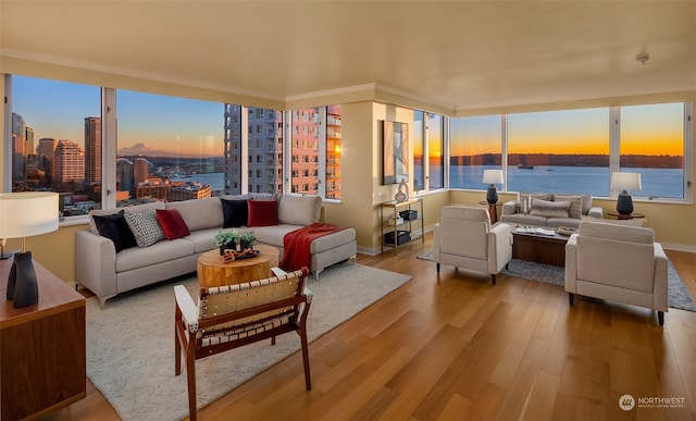 interior space with a wealth of natural light, light hardwood / wood-style floors, and a water view