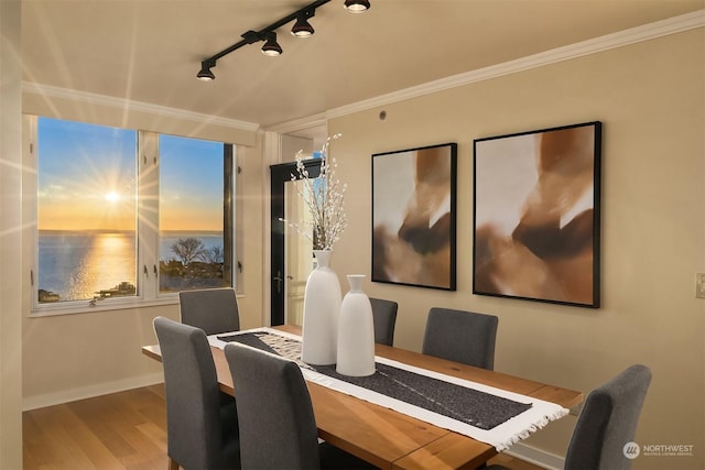 dining room with hardwood / wood-style flooring, ornamental molding, and rail lighting