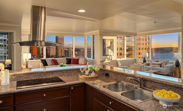 kitchen with sink, dark brown cabinetry, island range hood, ornamental molding, and electric cooktop