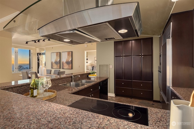 kitchen featuring black electric stovetop, dark brown cabinetry, island range hood, and sink