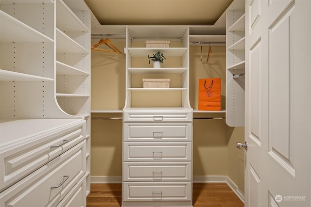 walk in closet with dark wood-type flooring